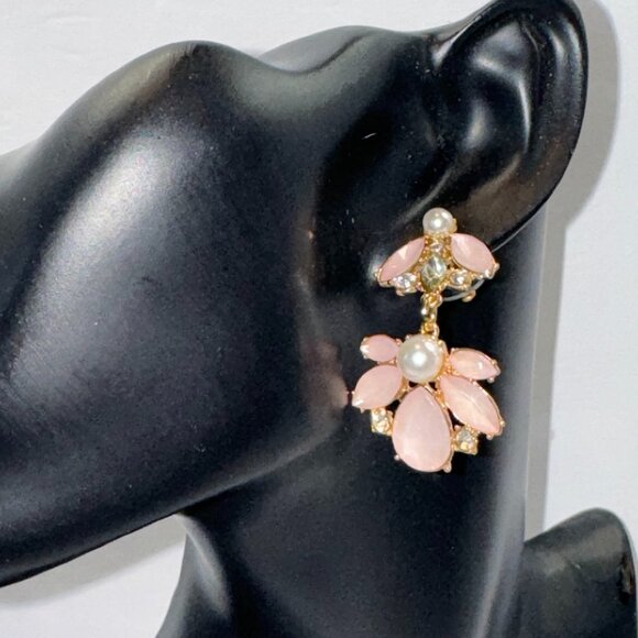 Vintage Light Pink Gold Tone Pierced Earrings Faux White Pearls & Acrylic Stones - Picture 2 of 4